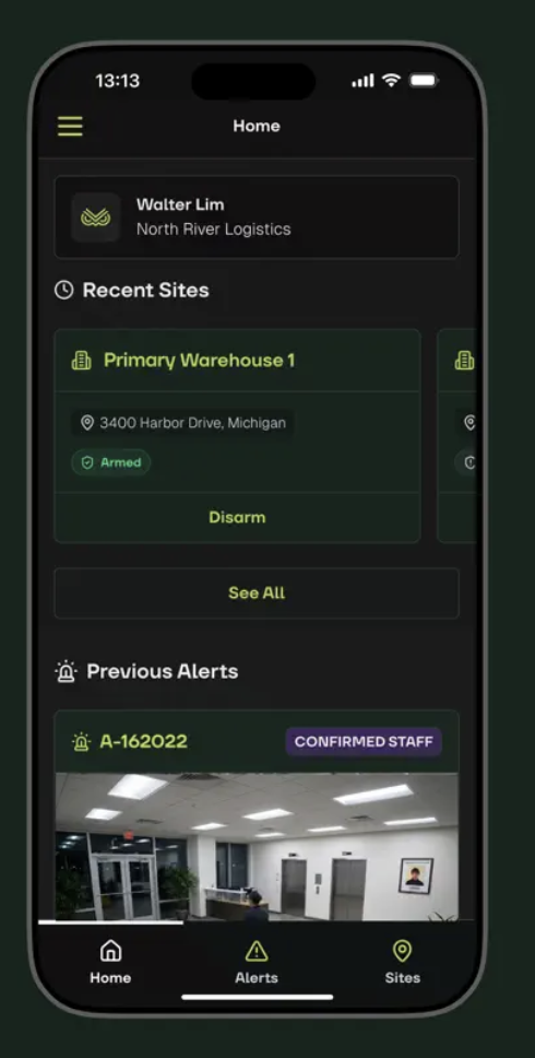 Watchful Go app showing armed sites, alerts, and recent activity